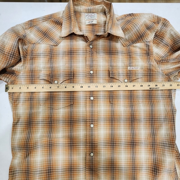 Lucky Brand Shirt Mens Large Brown 100% Cotton Pearl Snap Stretch Plaid Western - Picture 8 of 10